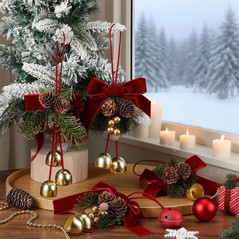 1/2Pcs Christmas Bell Ornaments Velvet Bow Hanging Pendants Xmas Tree Wreath Decor Navidad Holiday Home New Year Craft Supplies 7