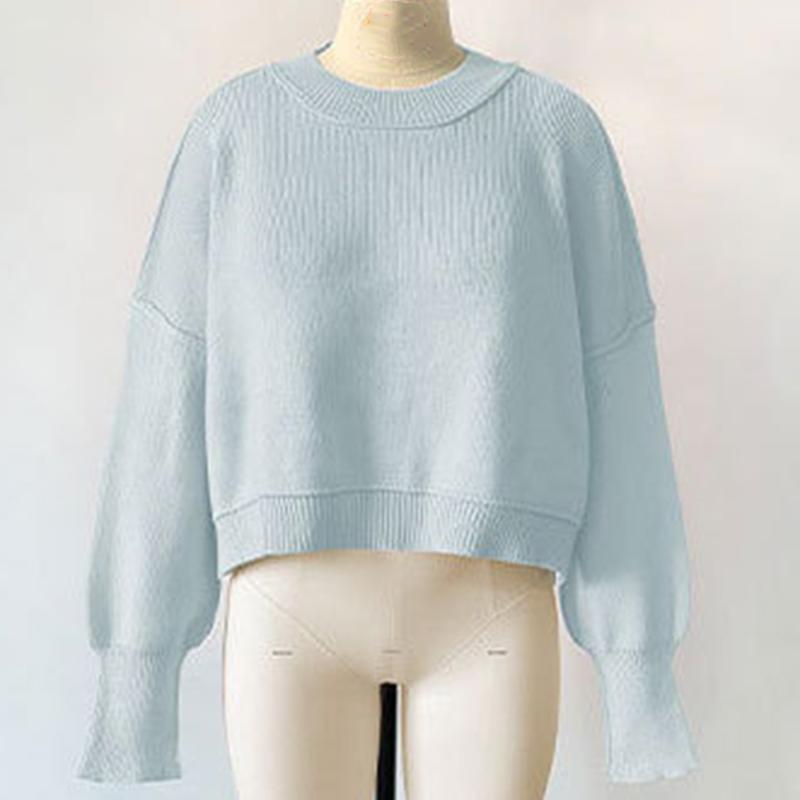 Ladies Autumn Winter Lantern Sleeve Round Collar Pullover Warm Solid Color Knitted Sweater Knitwear Top