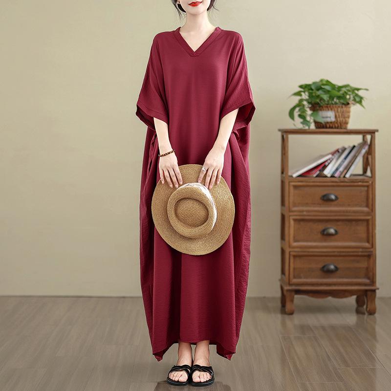 שמלת מקסי ארוכה רטרו מכותנה ופשתן עם צווארון V, פרחונית, לקיץ 2025