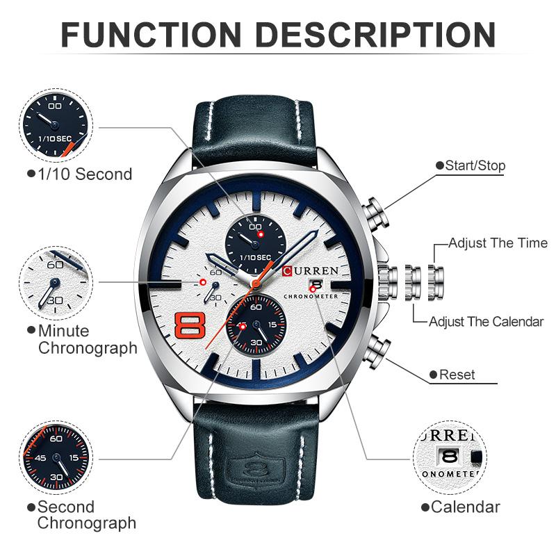 CURREN8324 Top Brand Men's Sport Watch Men Leather Chronograph Quartz Wristwatch Calendar Male Clock Relogio Masculino