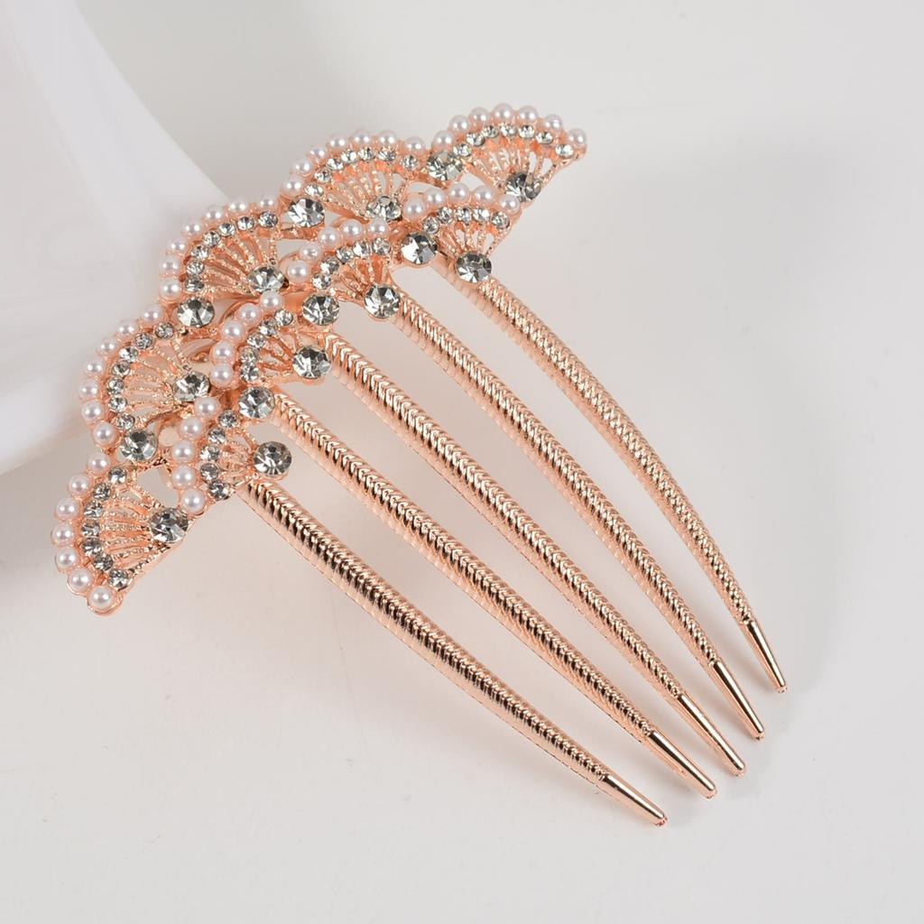 Luxury Pearl Embellished Hair Comb Rose Gold Fan Design Hair Fork for Bun Updo Hairstyle Elegant Hair Accessories for Women Girl