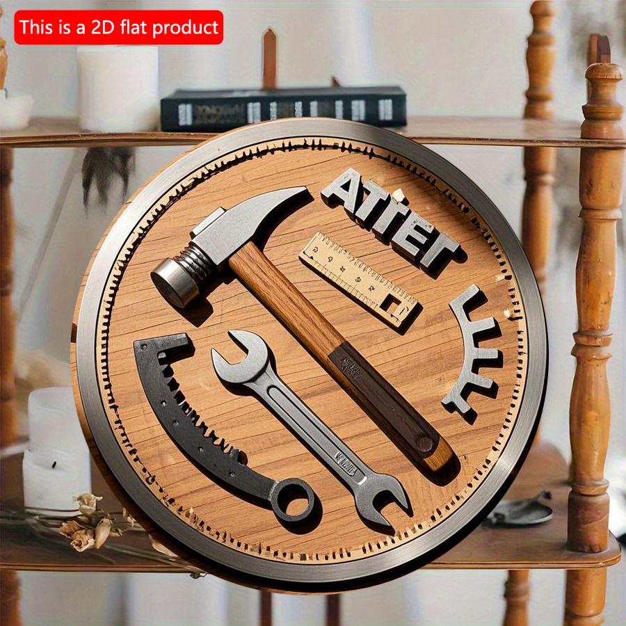 2D Flat 20cm 1pc Dad Father's Day Carpenter tool elements Round Wooden Wall Hanging Decor present, Hammer wrench ruler and Gear pattern Wooden Pendant