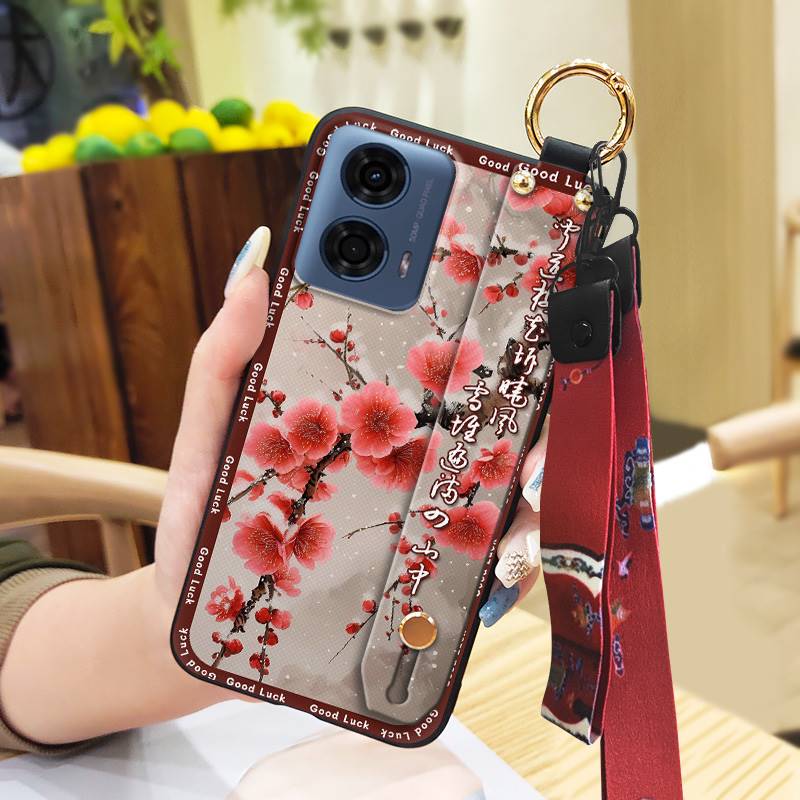 Anti-dust Wrist Strap Phone Case For MOTO G24 Power Lanyard For Mom Durable Wristband Fashion Kickstand Silicone Ring