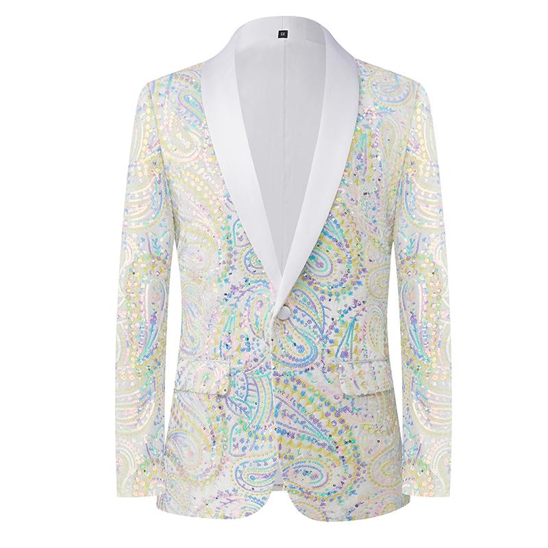 Mens Paisley Embroidered Sequin Suit Jacket Shiny Blazer