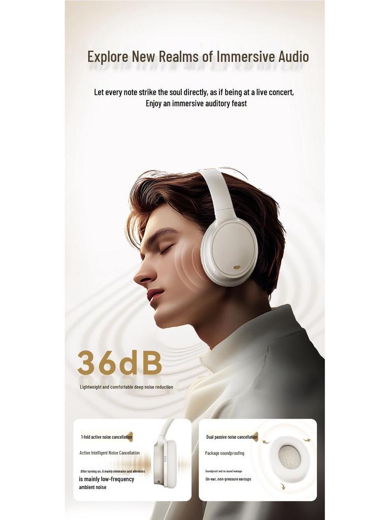 ANC Over-Ear Wireless Noise-Canceling Headphones with Long Battery Life and Heavy Bass - Minimalist Full-Ear National Tide Style.