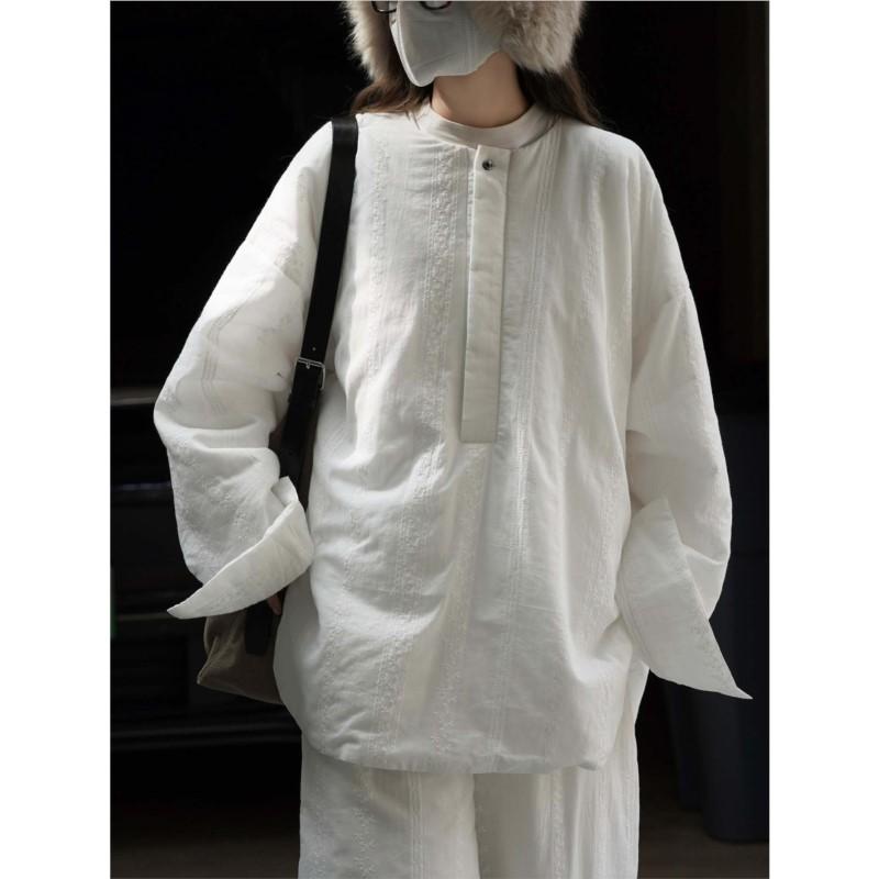 Johnature Winter Korean Style Simple Casual Round Neck Lace Double-Layer Loose Thick Warm Women Tops