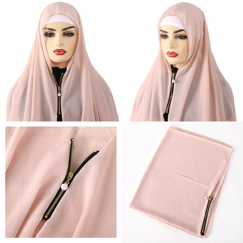 Muslim Hijab Scarf With Zipper Plain Bubble Chiffon Ready To Wear Veiled Hijab Wrap Solid Shawls Headscarf Turban Ramadan