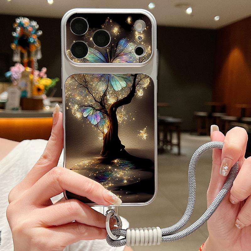 Glowing Tree Butterfly Leather Lanyard Case For iPhone 18 Pro Max Hybrid TPU+PU Anti-skid Soft Cover For iPhone 17 16 15 14 13 Pro Max