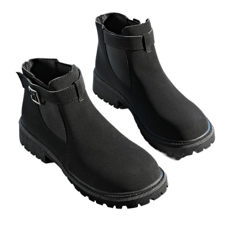 Damenschuhe 2024 Übergröße Knöchel Damenstiefel Plateau Moderne Stiefel Damen Schnalle Runde Zehenpartie Mittelhoher Absatz Slipper Damenschuhe