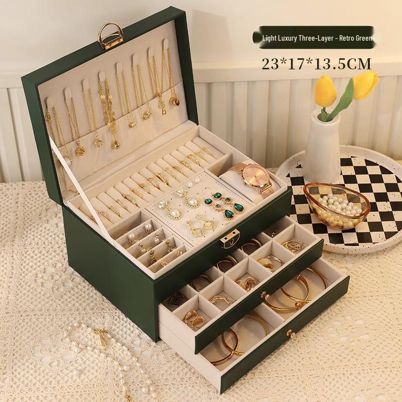 Luxury Layered Leather Jewelry Box - Large Capacity, Multi-Drawer Storage for Necklaces and Earrings