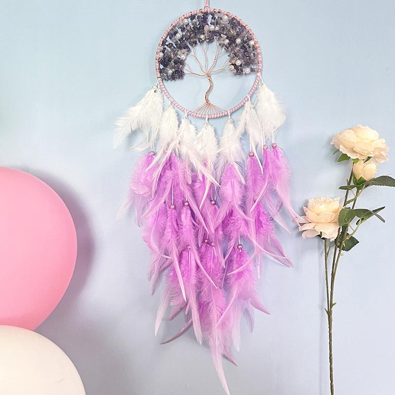 3 Colors Dream Catcher Crystal Stone Wind Chime Boho Hand-woven Feathers Bedroom Hanging Ornaments Festival Gift Home Decoration