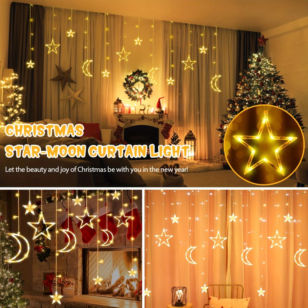 LED Star Moon String Lights,romantic Atmosphere,fairy Curtain Lights,suitable for Bedroom Wall Decoration,room Windows,party and Holiday Decoration