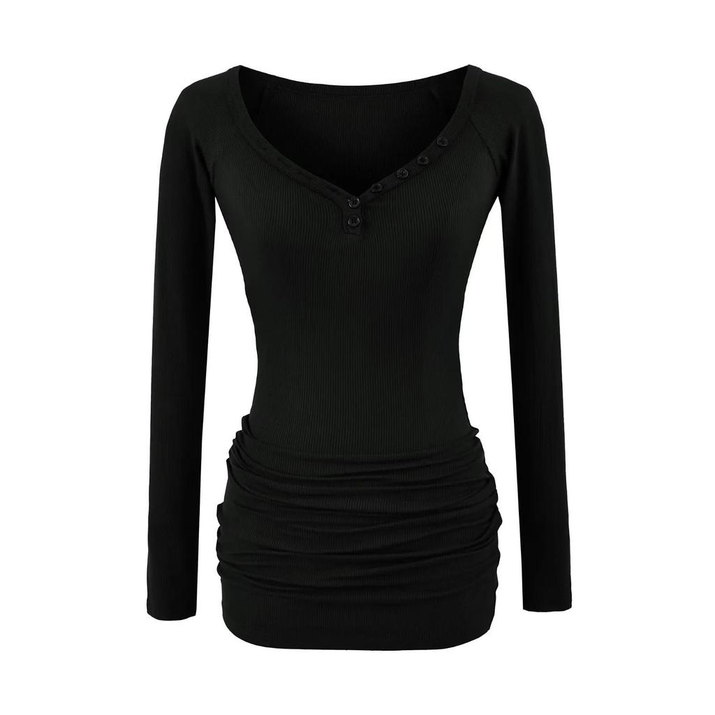 Women's Spicy American Sweetheart Neck Long Sleeve Button Bodycon Dress for Spring/Autumn