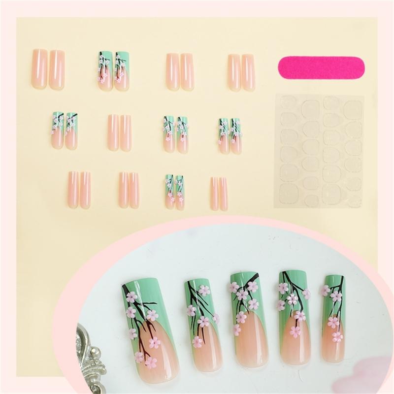 24pcs Press on Nail Long Square Acrylic Autumn Winter Nail Floral Designs Stick on Nail Manicure For Fashion Women