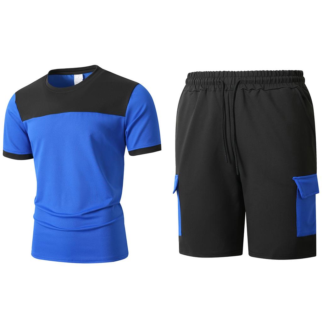Men Color Block Casual Round Neck Short Sleeve T Shirt Cargo Shorts Two Piece Set