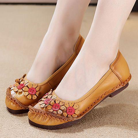 Vintage Flower Moccasins Woman Genuine Leather Ballet Flats Ladies Hollow Slip Women's Luxury Loafer Purple Walking Shoes 42