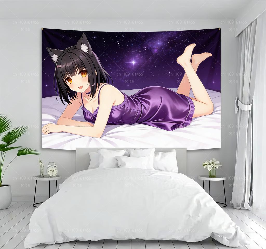 Cute Anime cat gril Tapestry Wall Tapestries Wall Hanging Bohemian Aesthetic Room Decor Background Cloth Gifts