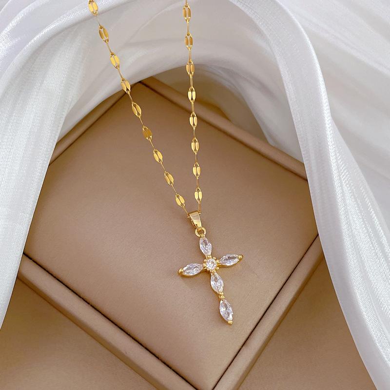 Gorgeous Simple Cross Cubic Zirconia Copper Pendant Women s Versatile Golden Stainless Steel Bamboo Chain Jewelry Gift 45cm