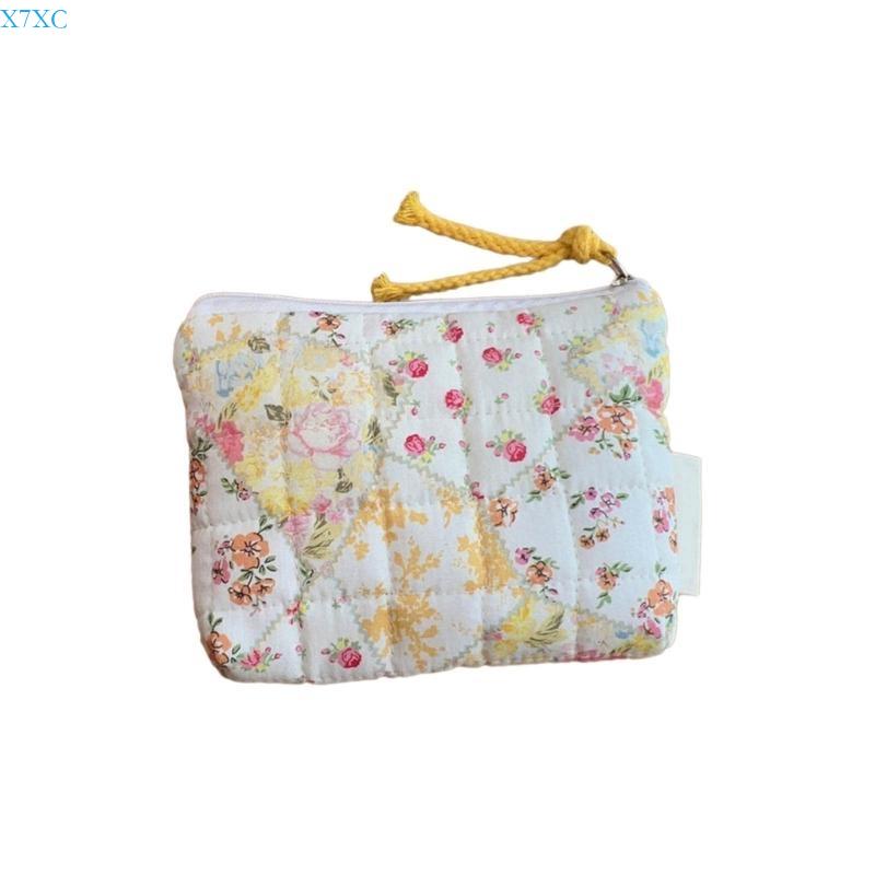 

X7XC Quilted Makeup Bag Cotton Coin Purse Flower Pattern Portable Storage Bag Change Pocket for Women Girls жёлтый