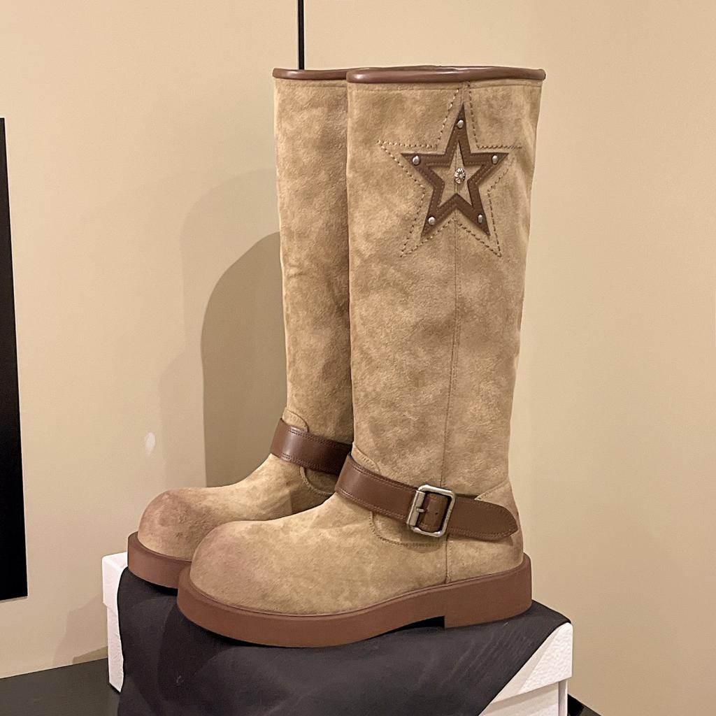 [Fanfuna] 2025 Autumn and Winter New Thick-bottomed Matte Retro Wasteland Wind Belt Buckle Medium Boots Knight Boots