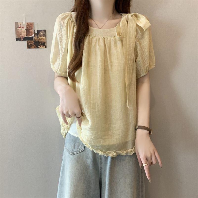 Women Square Neck Bow Puff Short Sleeve Blouse, Ruffle Hem Textured Loose Summer Shirt Top s жёлтый