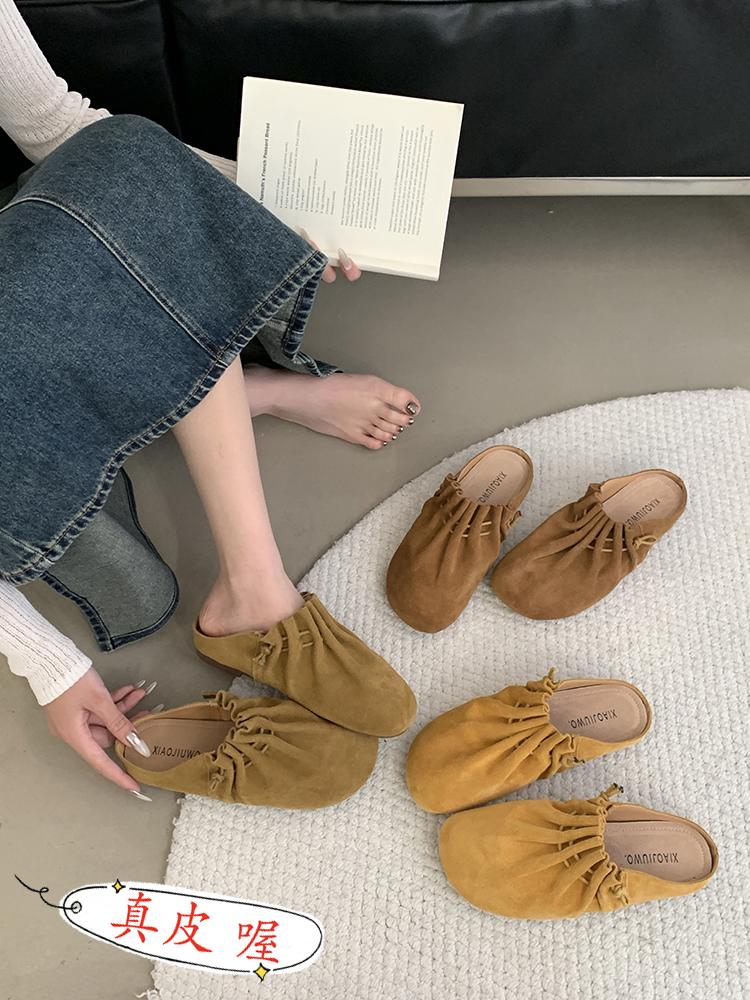 Fashion Leather Women Flats Slippers Designer Bow Mule Shoes Autumn Casual Slingback Shoes New Trend 2025 Walking Cozy Zapatillas Ladies