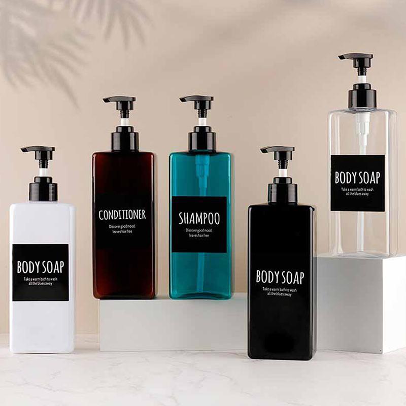 3 ks 500ml čtvercový dávkovač mýdla, plnitelná láhev s vodotěsnými etiketami pro mýdlo na ruce, pleťové mléko, šampon a kondicionér