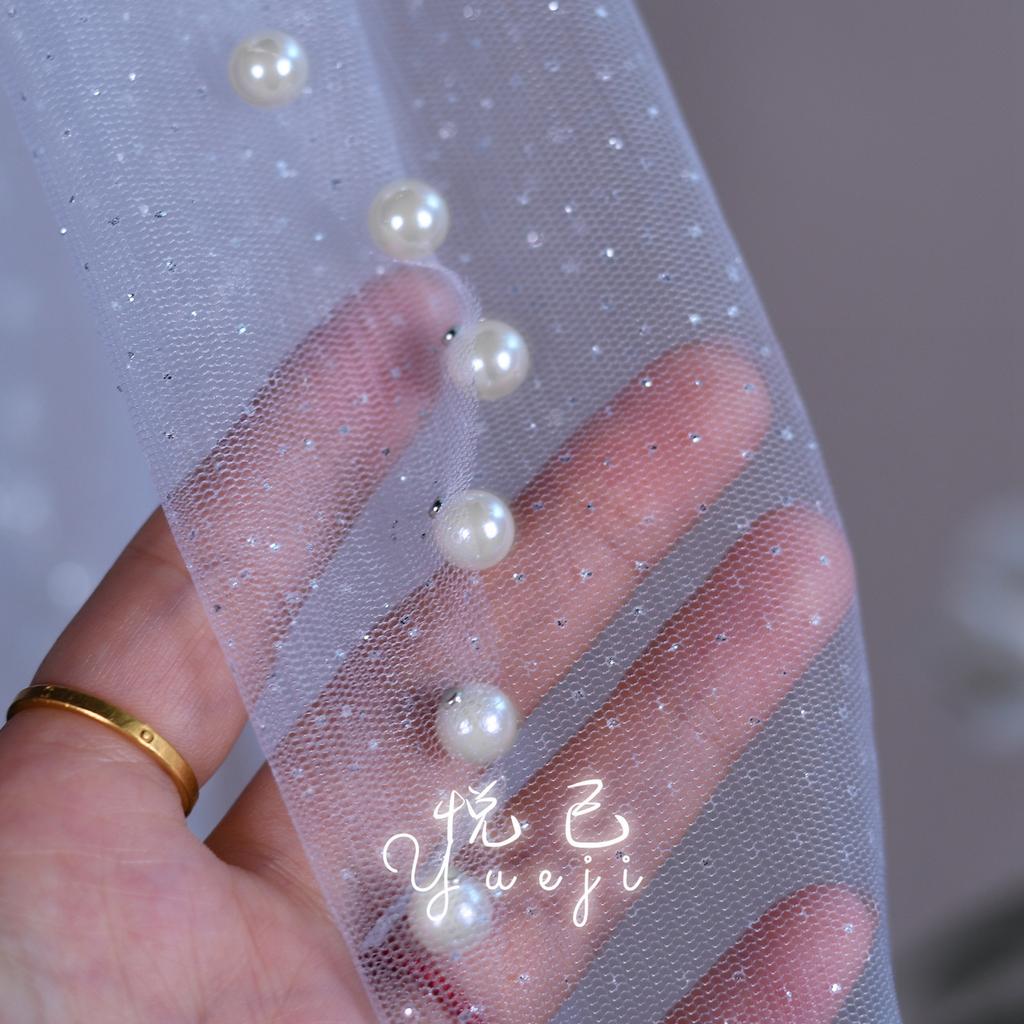 Detachable Glitter Tulle Puff Short Sleeve Cuffs, Mixed Size Pearl Beaded Sheer Arm Covers for Wedding Bridal Evening Dress