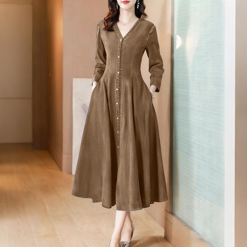 

ZANZEA Жіноча повсякденна елегантна довга сукня з V-подібним вирізом та довгим рукавом 2XL хакі