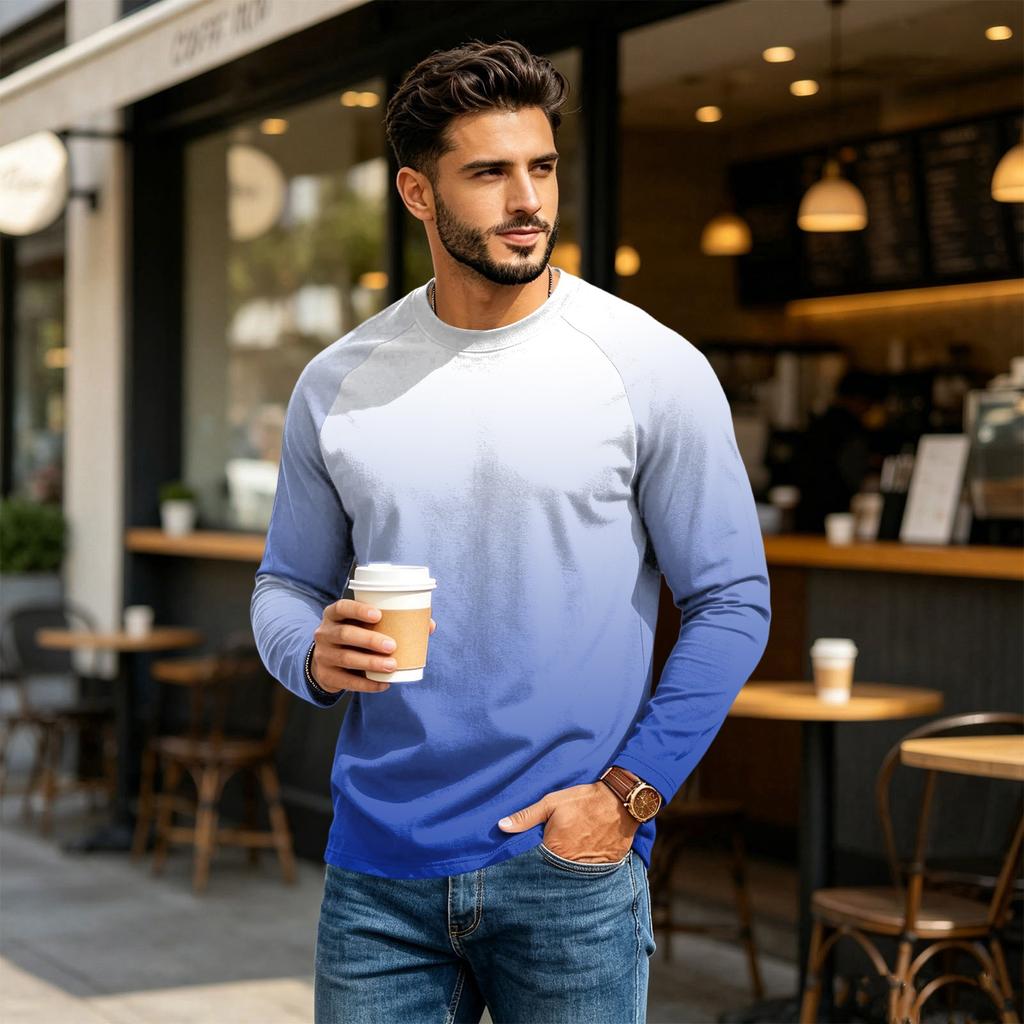 Men's Long Sleeve Raglan T-Shirt with Gradient Design for Casual Everyday Wear