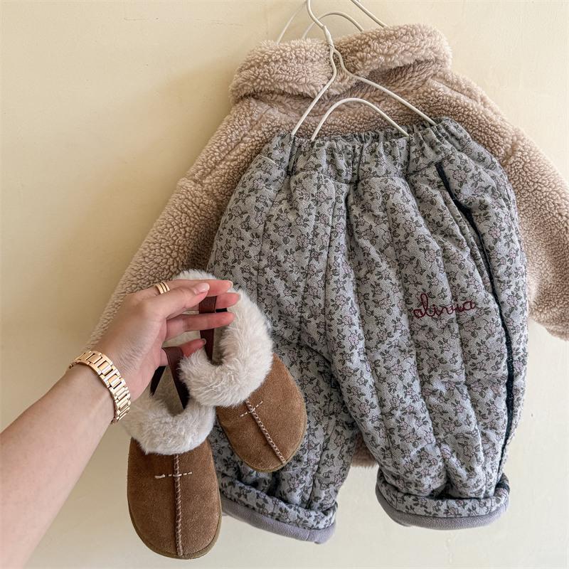 Winter Children Printed Embroidery Thicken Pants Korean Style Baby Girls Casual Warm Cotton-padded Trousers