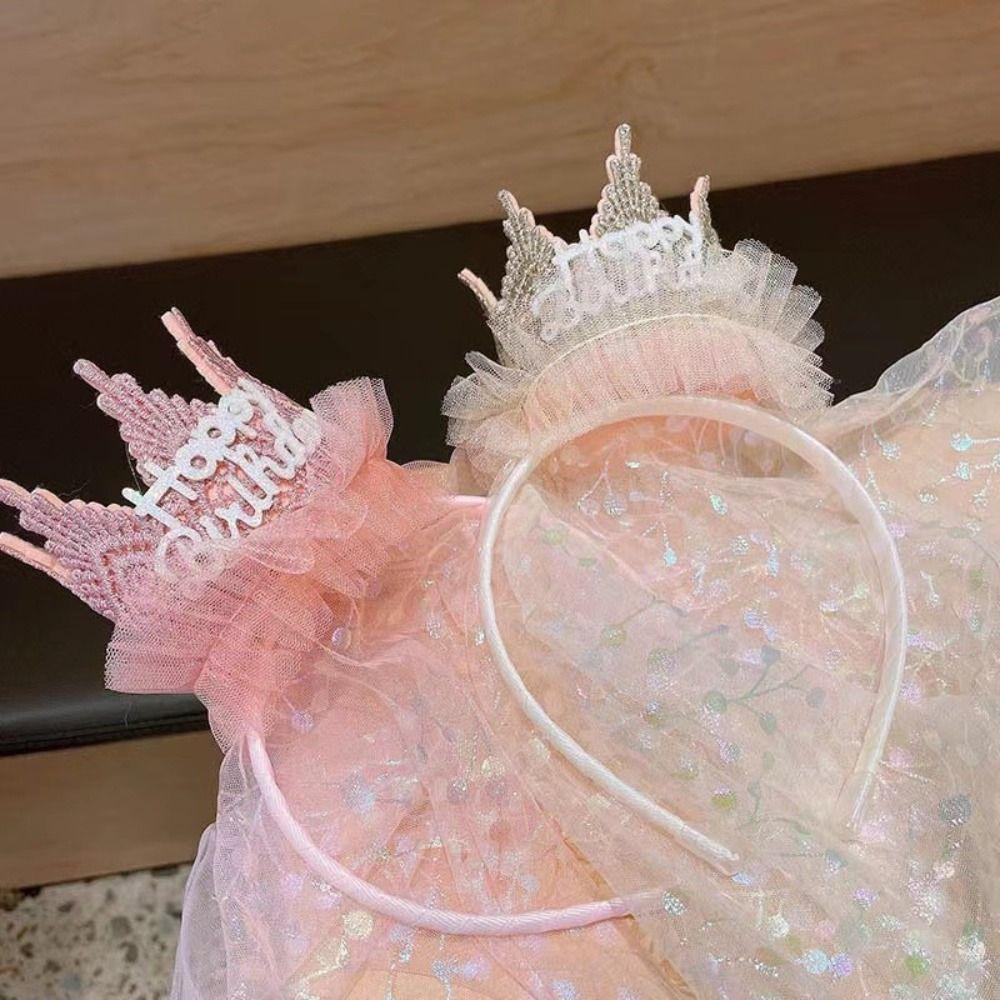 Korean Style Happy Birthday Hairband Headwear Crown Hairband Gift Crown Gauze Headband  Baby