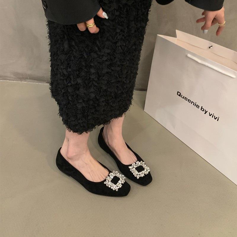 Flat Bottom Silver High-end Square Head Rhinestone Single Shoes Women's Shoes Autumn 2025 New Commuter Black Beanie Shoes