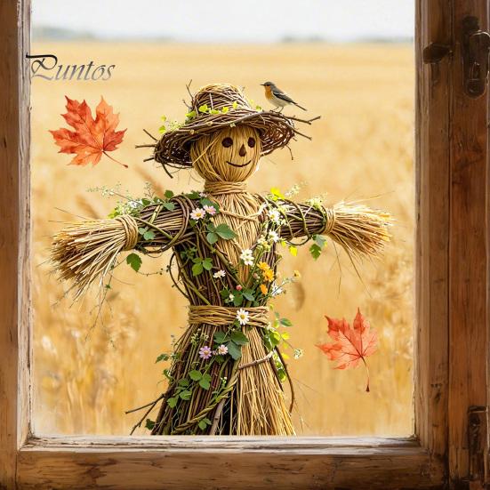 Holiday Party Window Ornament Scarecrow Stickers with Realistic Maple Leaf, Pastoral Decals, Waterproof Farmhouse Fall Decorations PVC Static