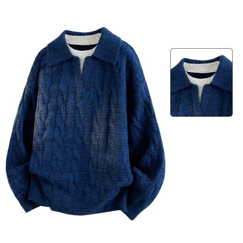 

Men s Cable Knit V-Neck Polo Sweater - Autumn/Winter Business Outerwear 2XL синій