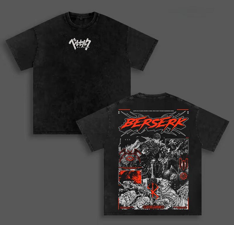 Berserk Guts Manga T-shirt For Men Clothing Gothic Y2k Vintage Washed T Shirt Summer Short Sleeve Oversized Polyester Tee Clothes