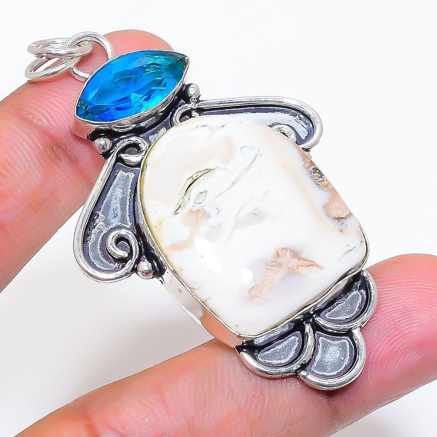 Natural Dendrite Opal, Topaz 925 Sterling Silver Jewelry Pendant 2.44" ZS-771