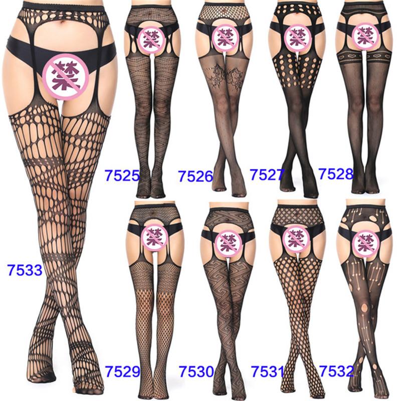 Sexy Lingerie Women's Fishnet Stockings With Garter Belt Summer Thin Lace Patterned Mesh Tights Female Black Suspender Pantyhose