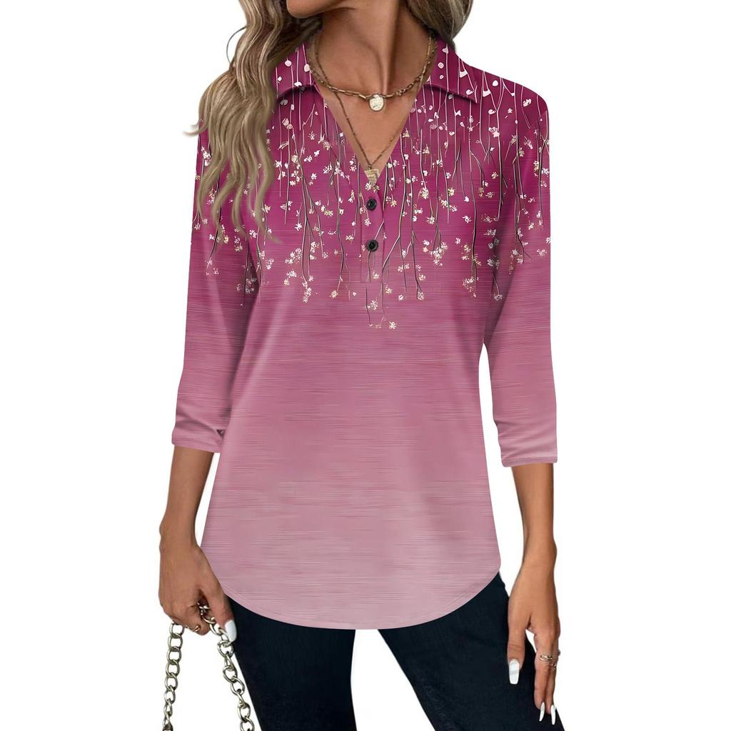 Women's Fashion Casual Lapel Short 3/4 Sleeve Print Shirt Women's V-Neck Button Tops