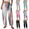 Women's Casual Loose Fit Wide Leg Drawstring Pants Floral Print Straight Cut Lightweight Trousers for Everyday Wear