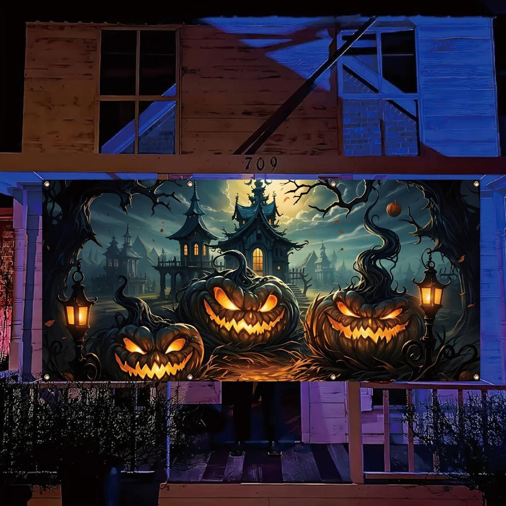 1 Piece Halloween Garage Banner Devil Pumpkin Lantern Backgroundoutdoor Garage Holiday Exterior Wall Decoration Shooting Prop