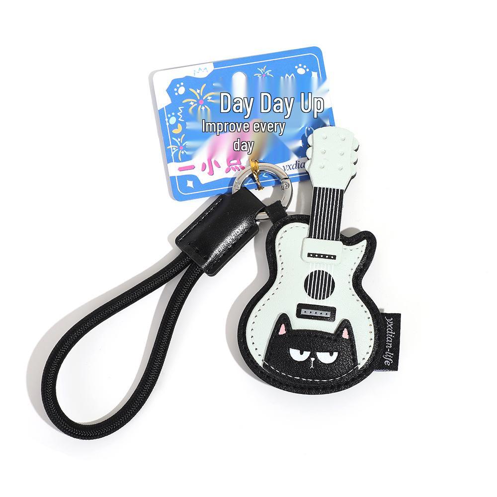 Premium Leather Musical Instrument Keychain: Cat Guitar & Piano Backpack Pendant