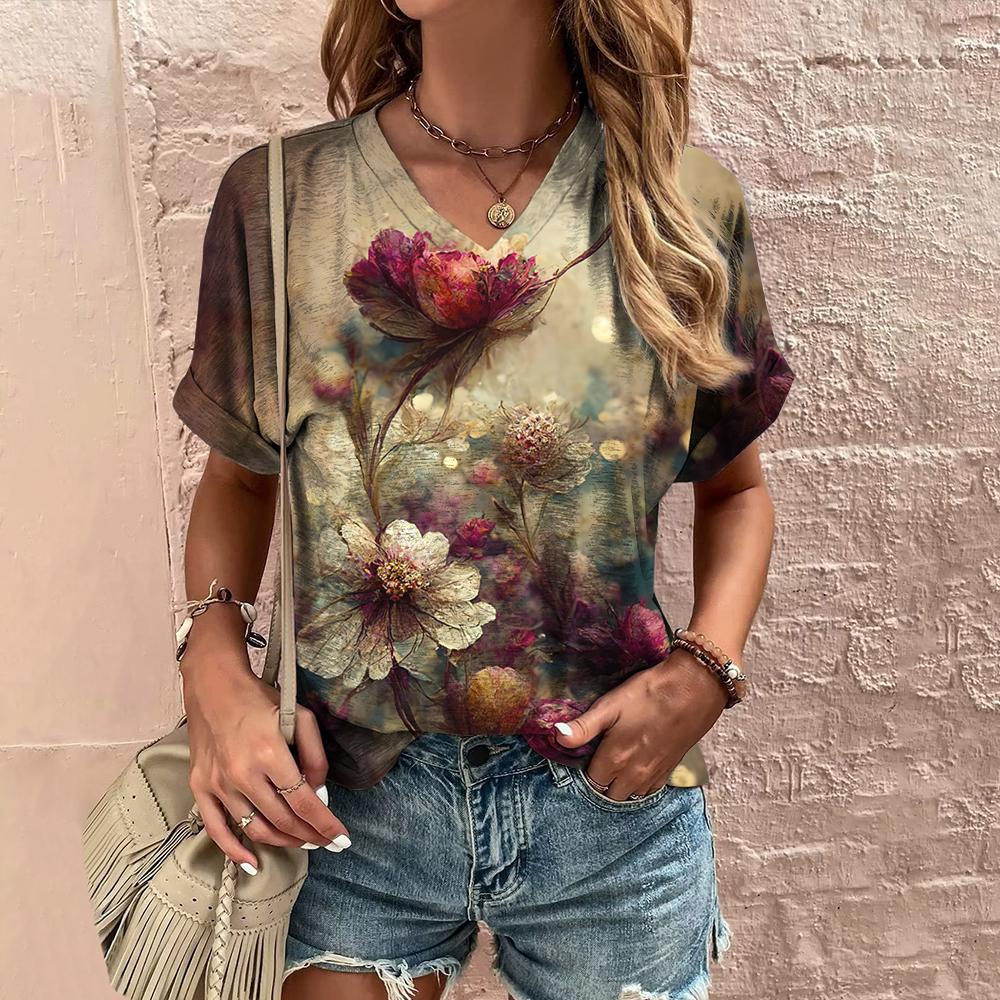 Women's Summer V-neck T-shirt Flower Printed Casual Tops Cubic Sleeve T Shirt Fashion Street Pullover OverSize Women's Clothing