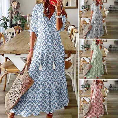 Women Plus Size Dress A-line Big Hem Bohemian Style Half Sleeves Tassel V Neck Loose Printed Vacation Beach