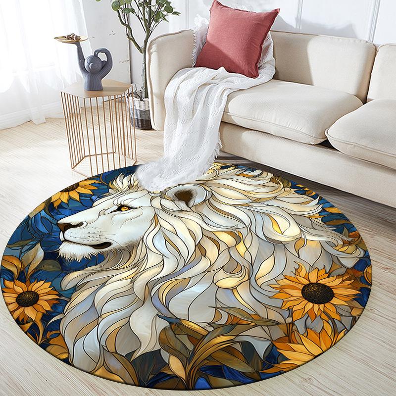 

White Lion with Sunflowers,Round Area Rug,Carpet Rug for Living Room Bedroom Sofa Playroom Decor,Non-slip Floor Mat 80cmx80cm