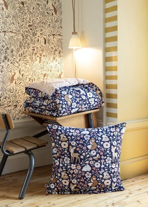 Housse De Couette + Taies - Foret Enchantee - 220 X 240 Cm - 100% Coton - Lavable - 2 Taies 63 X 63 Cm