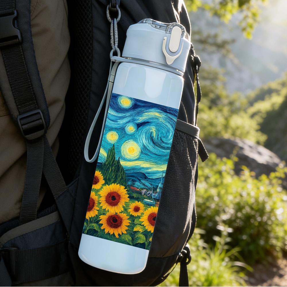 1PC Sunflower Starry Night Art 750ml Color Plastic Sports Water Bottle Leakproof Flip Straw Lid For Sports Office Home Use