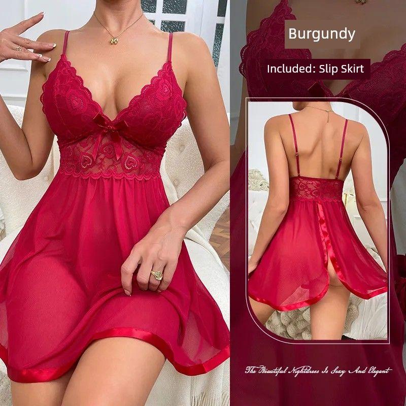 

2025 New Arrival Mesh Breathable Nightdress/Back Slit Sexy Free off Skirt/Charming Deep V-neck Backless Suspender Skirt Burgundy L