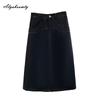 Plus Size Spring Autumn Women Office Lady A-Line Skirt High Waist Pink Black Stretchy Denim Skirt Elegant Feminine Split Midi Skirt