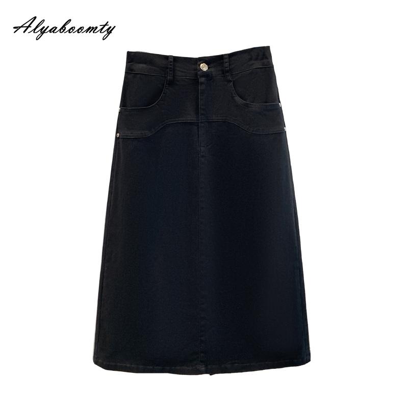 Plus Size Spring Autumn Women Office Lady A-Line Skirt High Waist Pink Black Stretchy Denim Skirt Elegant Feminine Split Midi Skirt